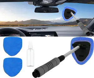 【Windshield Cleaner Tool with Reusable Microfiber Pads 】- Car Window Glass Wiper Kit with Extendable Handle for Effective Cleaning (1, Blue)