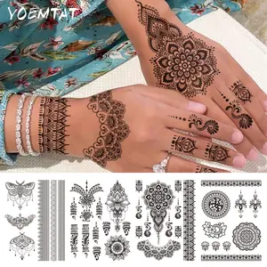 2pcs Waterproof Temporary Tattoo Sticker Hand Black Lace Henna Tribal Mandala Lotus Lily Flower Peacock Feather Butterfly Jewelry Chain Pendant Simple Geometric Pattern Body Art Arm Fake Tattoos Sleeve For Women Men Legs Wrist Finger Henna Stickers