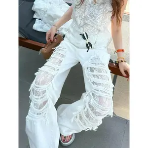 2025 Ropa Y2K Fashion White Baggy Lace Hollow Ripped Stacked  Pants For Women Clothing Hip Hop Lady Trousers Pantalon Femme capri jones pants Cargo