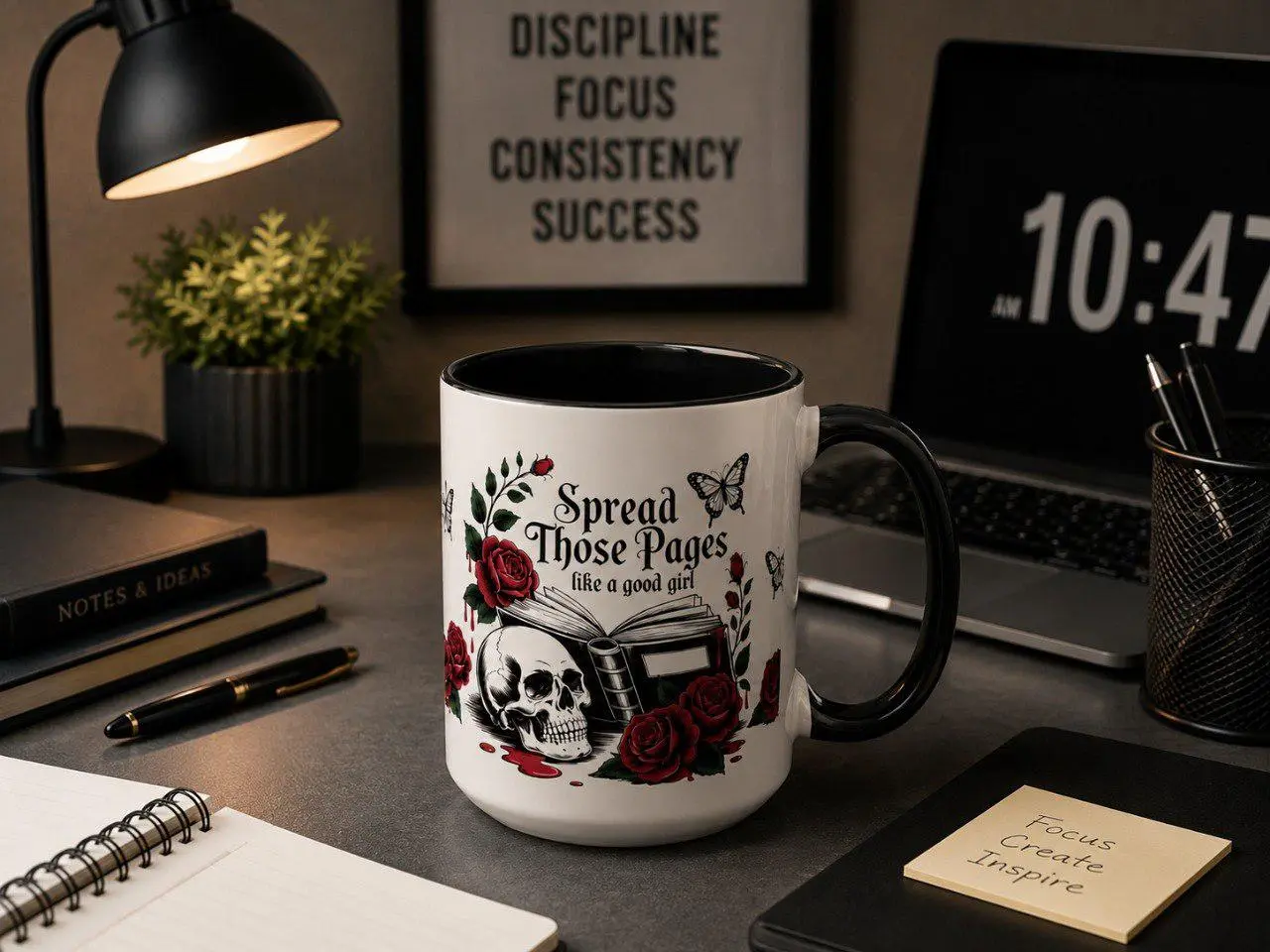 Spread Those Pages Mug – Gothic Book Lover Skull Rose Ceramic Coffee Cup