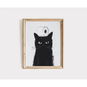 Black Cat Painting, Funny Bathroom Cat Poster, Black Cat Print, Black Cat Poster Printable, Funny Cat Poster, Black Cat
