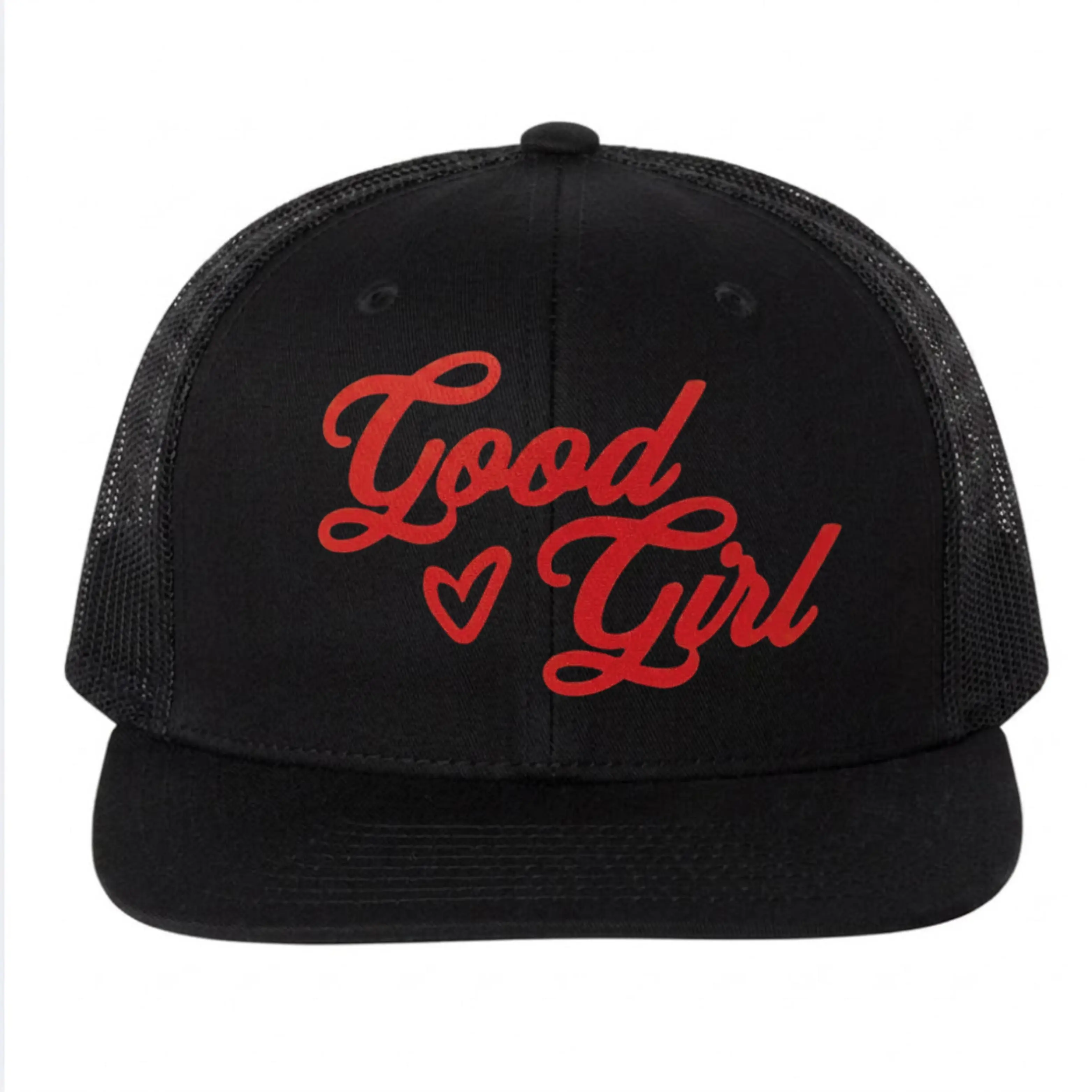 "Good Girl" Heart Script Font Hat - Mid Profile Embroidered Baseball Cap - Aesthetic Streetwear Adjustable Snapback for Women