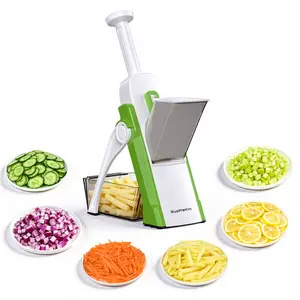 【SupMaKin】5-in-1 Safe Stainless Steel Mandoline Slicer - Lightweight Foldable Kitchen Utensils, Multi-Vegetable Chopper, Potato/French Fry Cutter, 4 Modes, 100+ Adjustable Thickness Presets, Kid-Safe (Green)