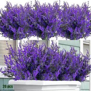 20 Bundles Artificial Lavender Fake Flowers Faux Plastic Plants for Home Wedding Kitchen Garden Patio Window Box Office Table Centerpieces Indoor Outdoor Decor, Purple