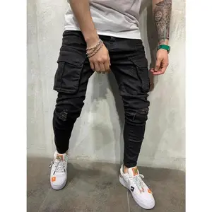 Men’s Streetwear Elastic Denim Cargo Jogger Pants, Solid Color, Multiple Pockets, Mid-Rise, Slim Fit, Casual, Everyday Wear