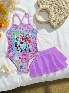 K-Pop Hunter Girl Group Starry Sky Print Halter One-Piece Swimsuit + Swim Pants Two Piece Set, Boho Style, Slim-Fitting
