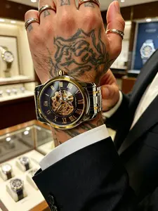 Luxury Business Mechanical Watch, Roman Numerals, Transparent Movement, Stainless Steel Strap, Precise Timekeeping, Professional Style