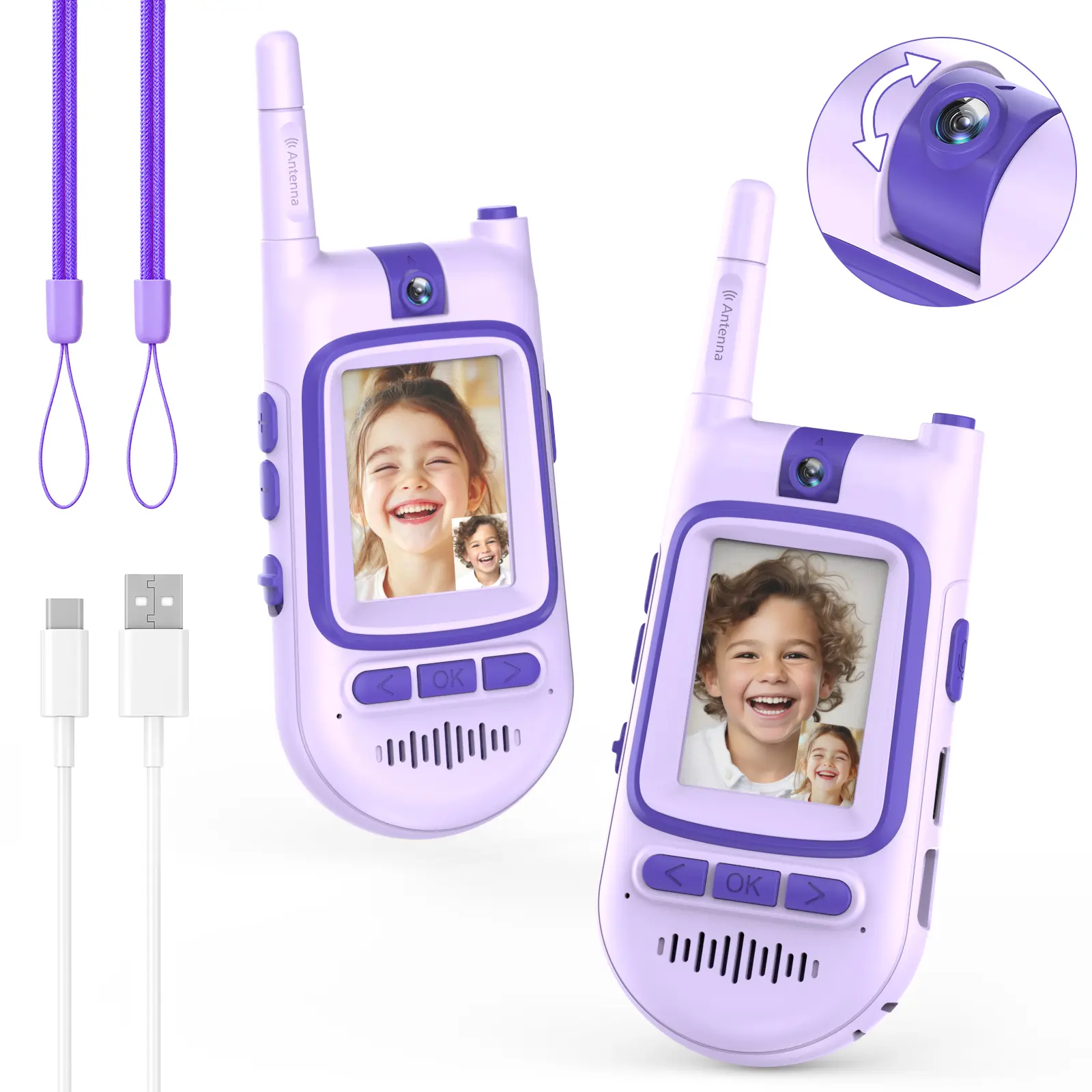 2-in-1 Kids Video Walkie Talkie & Camera, 2 Pack Long Range Walkie-Talkie for Kids, Rechargeable Video Call Toys for Indoor, Camping, Hiking, Travel, Christmas Birthday Gift for Boys Girls Age 3-5