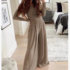 Ribbed Knit Crop Top Loose Wide Leg Pant Lounge Set Fit Stretchy Womenswear Comfortable Day Outfit Overalls Piece