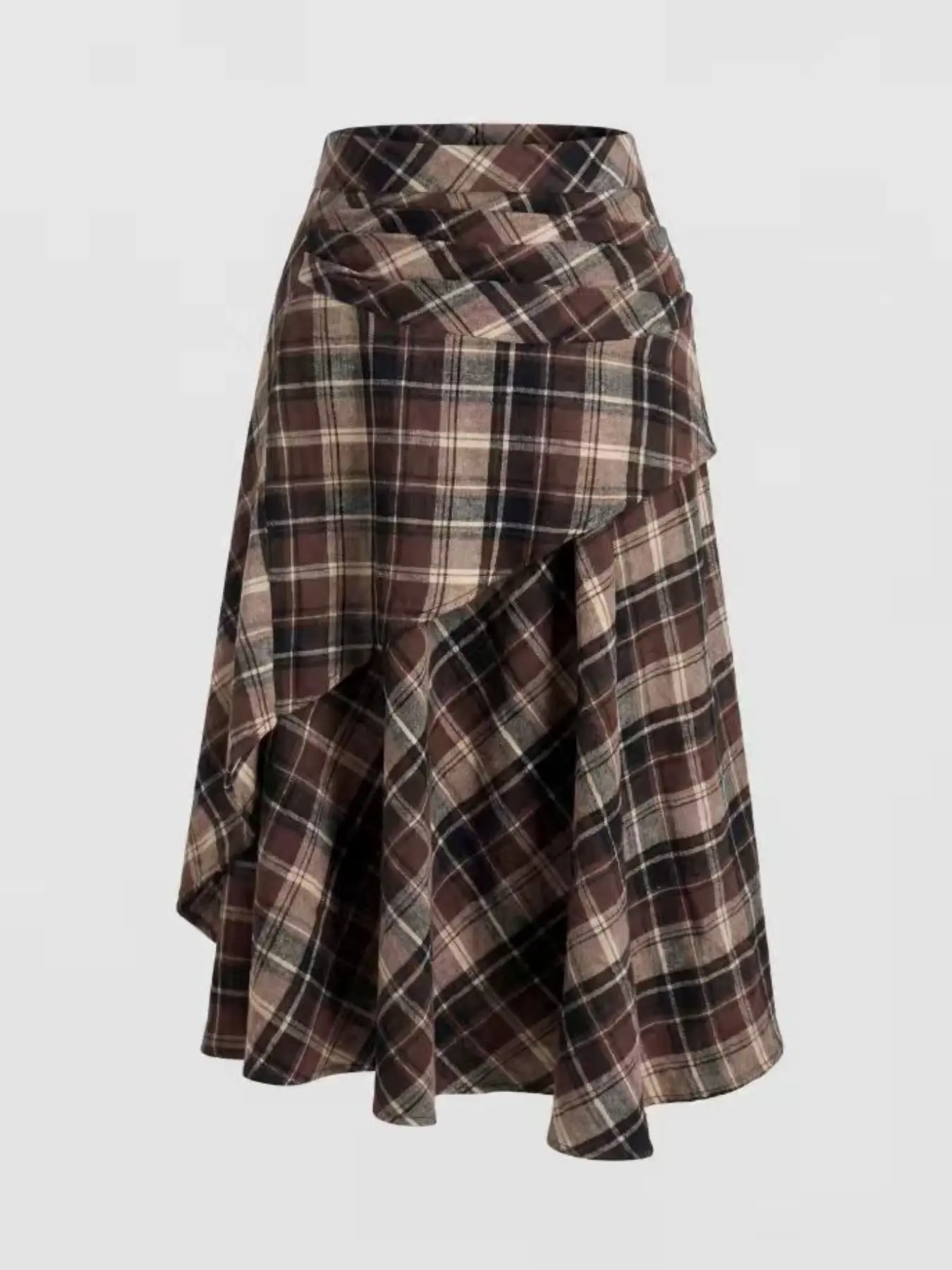 Essential Plaid Skirt! Combination, Fit, Slant Hem Ruffles, Irregular Hem, Asymmetrical, Daily Wear, Everyday Super Practical, Elegant, Aesthetic, Chic, Bottom [nian Nian] Women Casual, Casual Fitted Skirt