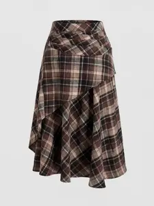 Essential Plaid Skirt! Combination, Fit, Slant Hem Ruffles, Irregular Hem, Asymmetrical, Daily Wear, Everyday Super Practical, Elegant, Aesthetic, Bottom [nian Nian] Women
