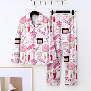 Pink Makeup Print Pajamas Set for Women, Cute Beauty Lover PJs, Funny Girl Sleepwear, Cosmetics Pattern Loungewear, Trendy Aesthetic Pajama Set, Gift for Her Nightwear