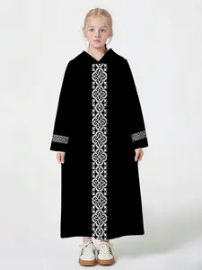 Muslim Girls Traditional Abaya, Geometric Jacquard Hooded, Casual Loose-Fitting Long Sleeve, All Seasons Wear