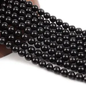 Natural Black Obsidian Gemstone Smooth Round Loose Beads For DIY Jewelry Making Desig Handmade Crafts Bracelet, Necklace, Earrings AAA Quality 15.5 Inches Long, Semi Precious Stone, Spacer beads