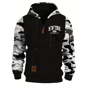 Stitching Hooded Men's New York Printed Camouflage American Vintage Zipper Sweatshirt, Loose Fit Pullover Design with Top Stitching and Slit Pocket, Available in Red, Army Green, Blue, and Gray