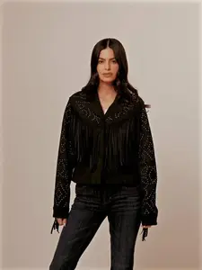 Blair Fringe and Studded Faux Suede Snap Jacket