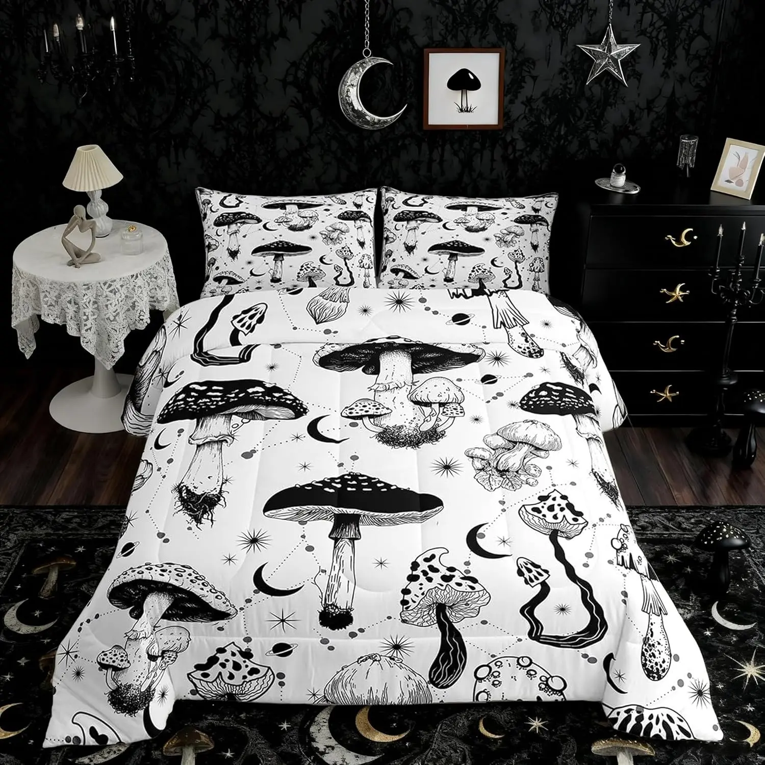 Wild Mushroom Comforter Set,Abstract Sun Moon Starry Quilt Set Gothic Plants Bedding Set Room Decor,Black White Sketch Style Duvet Insert,back to school,back to school shopping,home decor