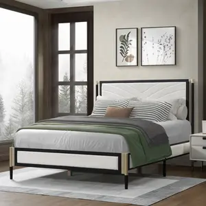 Queen Bed with White Boucle fabric Headboard, Champagne Silver+Black Frame