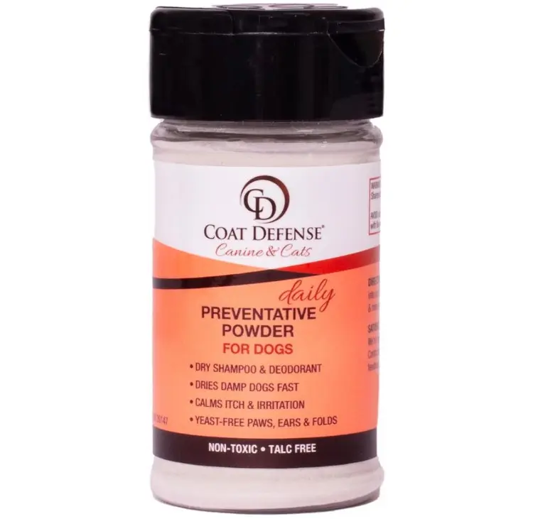 COAT DEFENSE Preventative Powder | Made in USA | 3.5oz Waterless Dog Shampoo & Pet Deodorizer for Smelly Dogs | Provides Anti Itch Relief | Dog Shampoo for Dry Itchy Skin & Smelly Dogs
