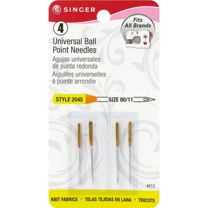Singer 4pk Universal Size 80/11 Style 2045 Ball Point Sewing Machine Needles 4812