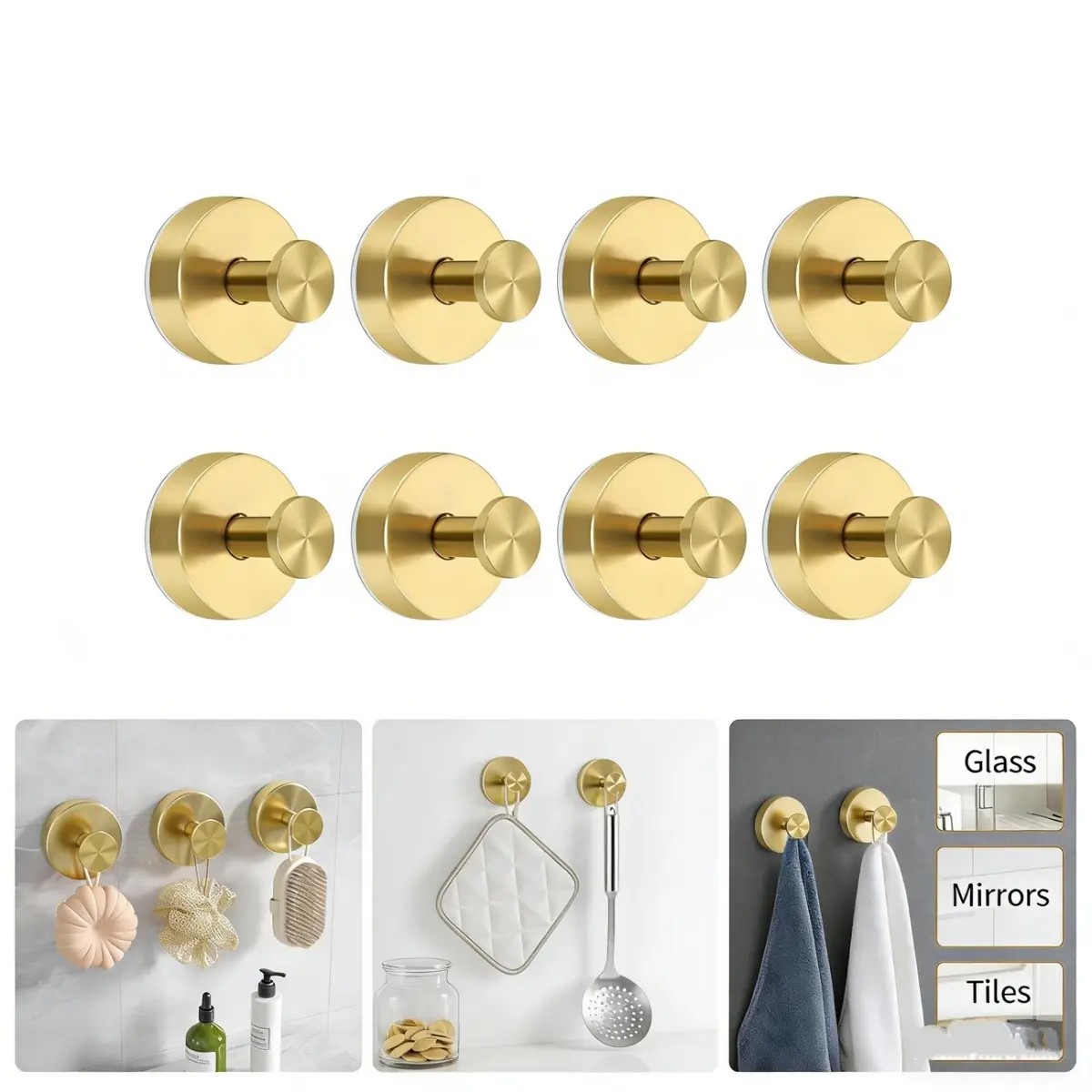 8 Pack Silver Stainless Steel Vacuum Suction Cup Hooks, Reusable Heavy Duty Suction Cup Hooks, No Drill Mounting on Glass, Tile, Metal, For Bathroom,Kitchen,Glass,Tile to Hang Towels,Robes,Loofah