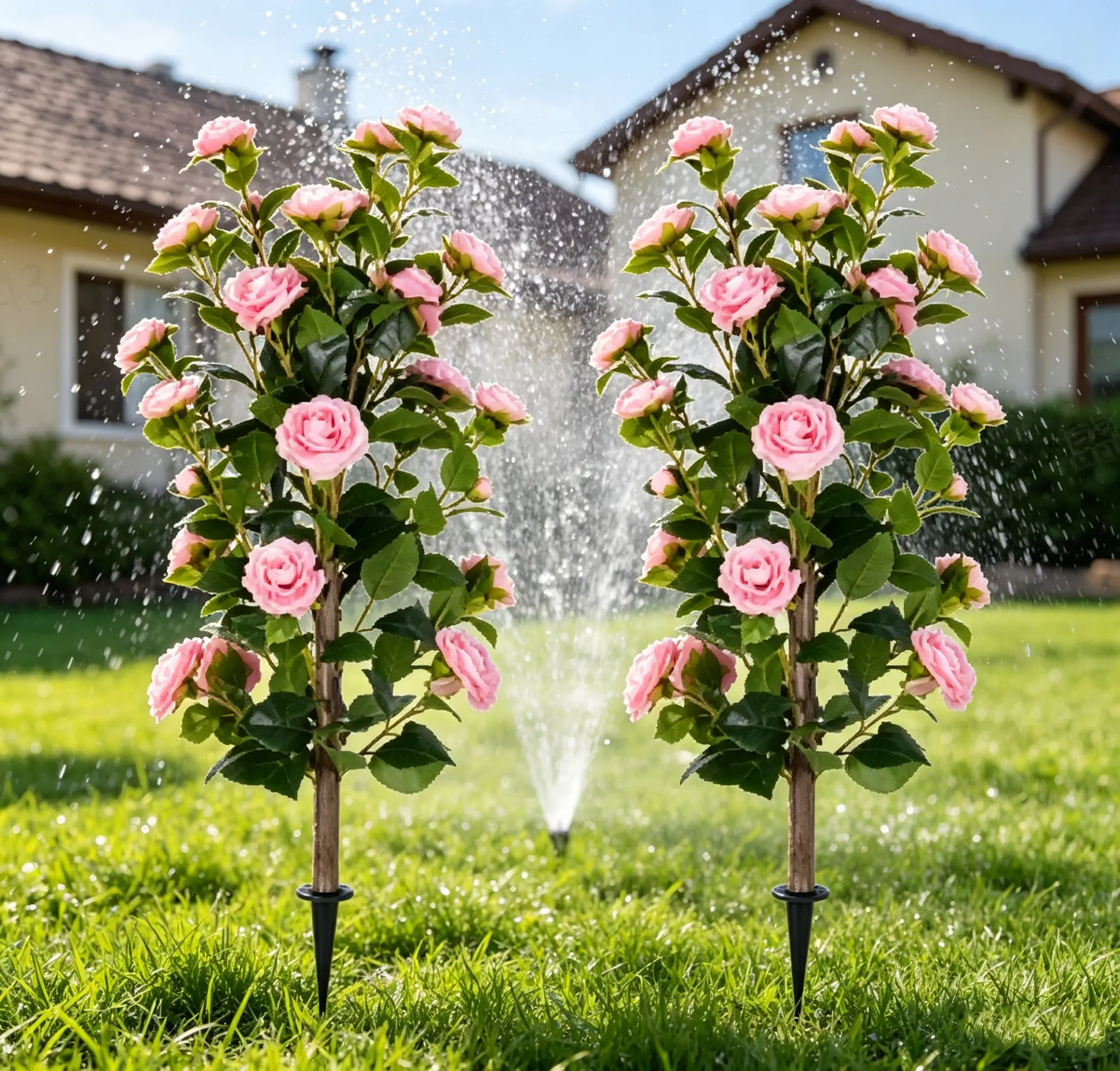 2-Pack 3FT pink Artificial Camellia Bushes, UV Resistant Lifelike Faux Flowers with Ground Spike, Zero Care Fake Floral Stems for Indoor Outdoor Patio Porch Decoration