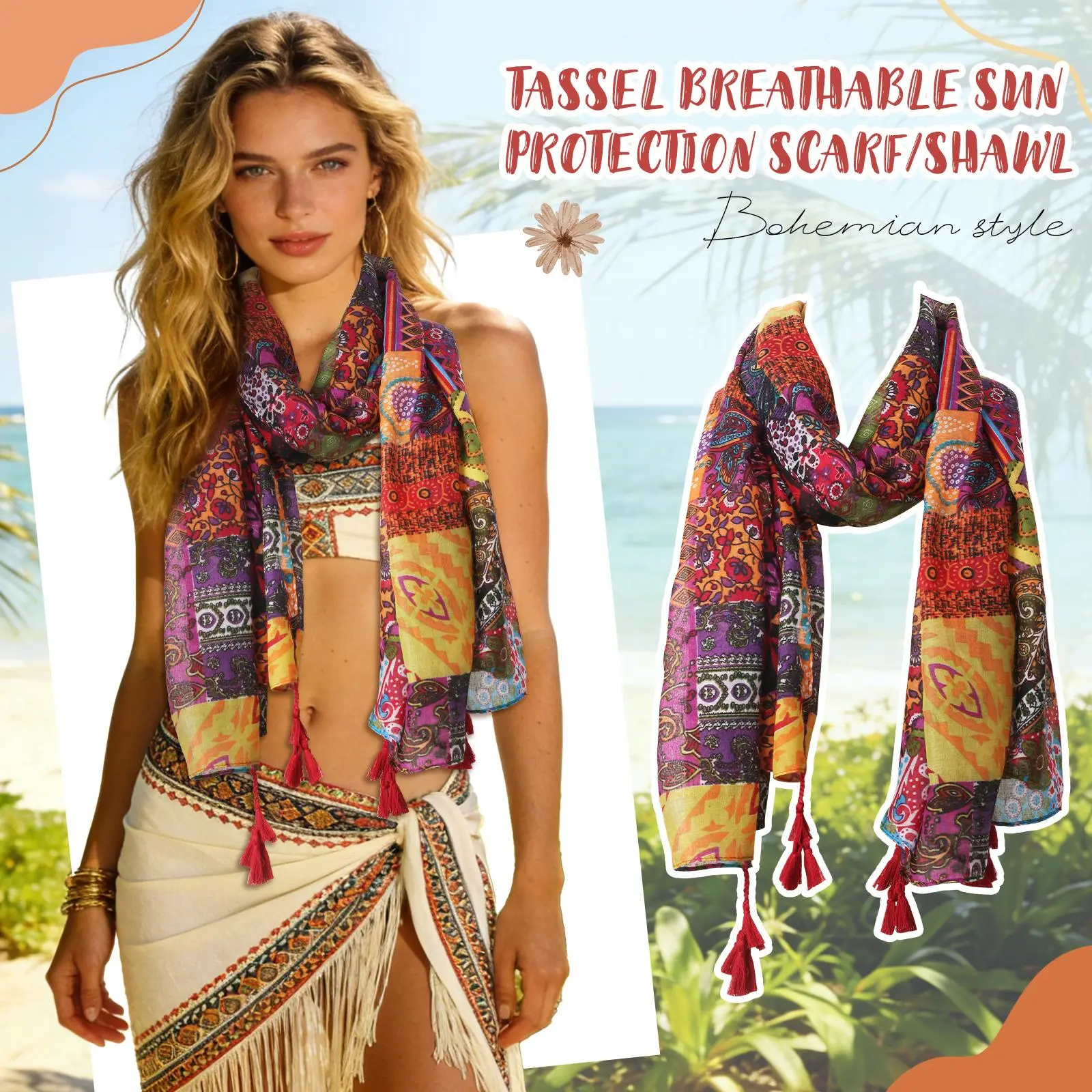 OIDEA Bohemian Tropical Leaf Voile Scarf for Women, Large Size Lightweight (3.75 oz) Beach Shawl with Fringe, Sun Protection Gift for Mother's Day