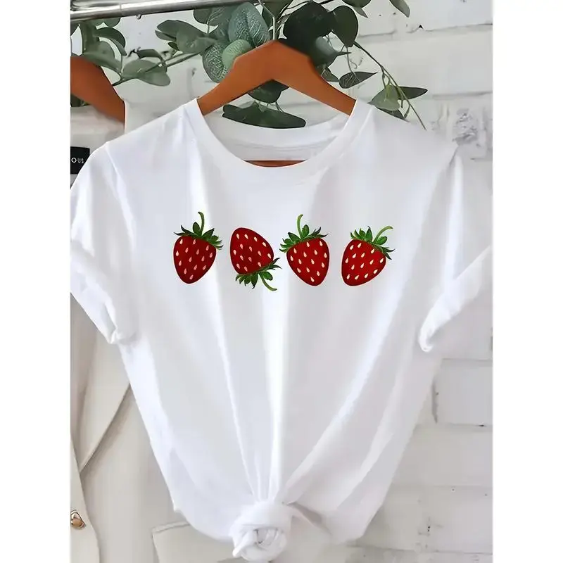 Adorable Round Neck Tee for Women – Soft Strawberry Pattern Design for Casual Styling