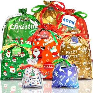 40PK Christmas  Bags with Drawstring (XL+L+M+S) with Tags | Drawstring Christmas  Bags, Xmas Gifts Wrapping for Party Favor Wrapping (Assorted sizes + colors)...