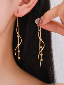 Women's Gold-Tone Long Tassel Dangle Drop Earrings - Wavy Curved Bar Beaded Chain Ear Threader, Face-Slimming Dainty Elegant Jewelry, Ideal for Daily Wear & Party, Birthday Anniversary Gift