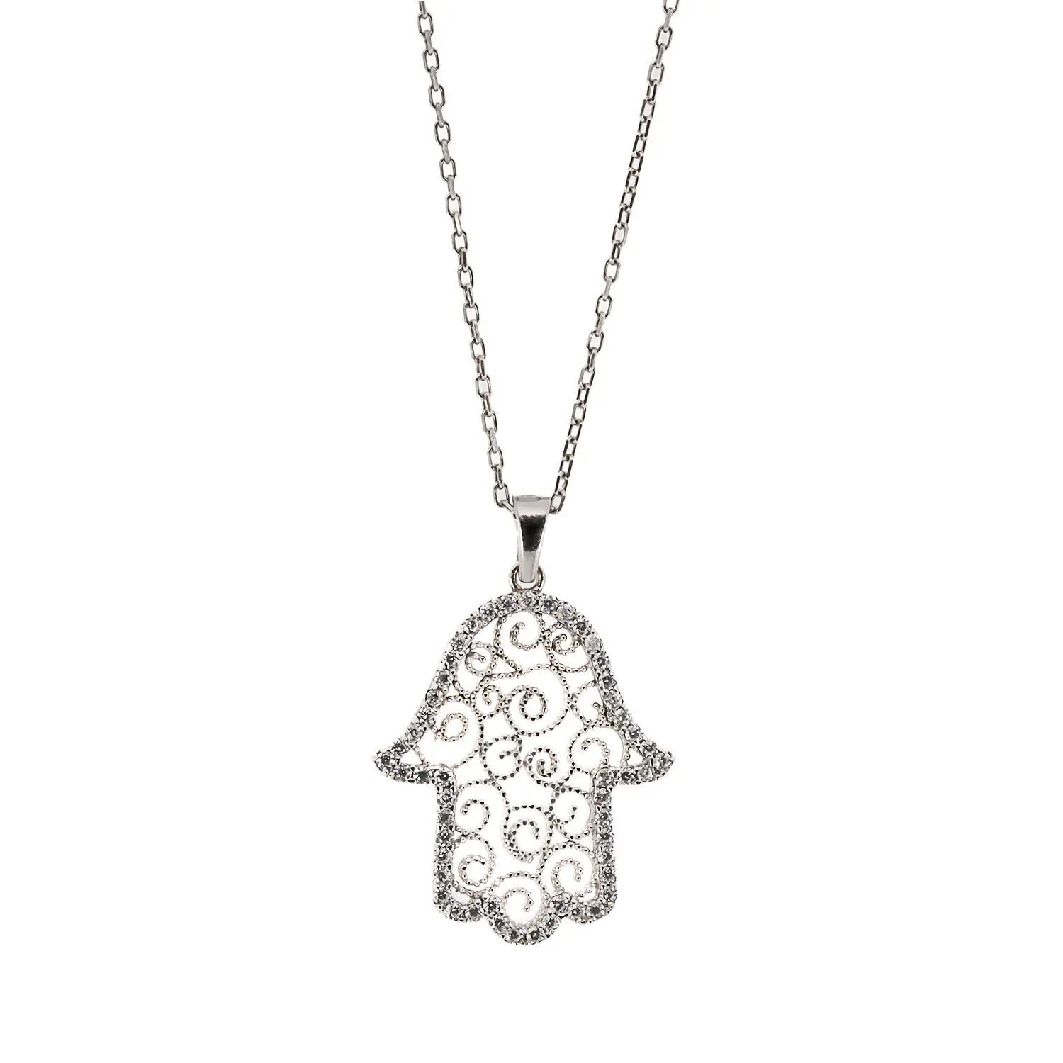 Spiral Design Hamsa Sterling Silver & Diamond Necklace