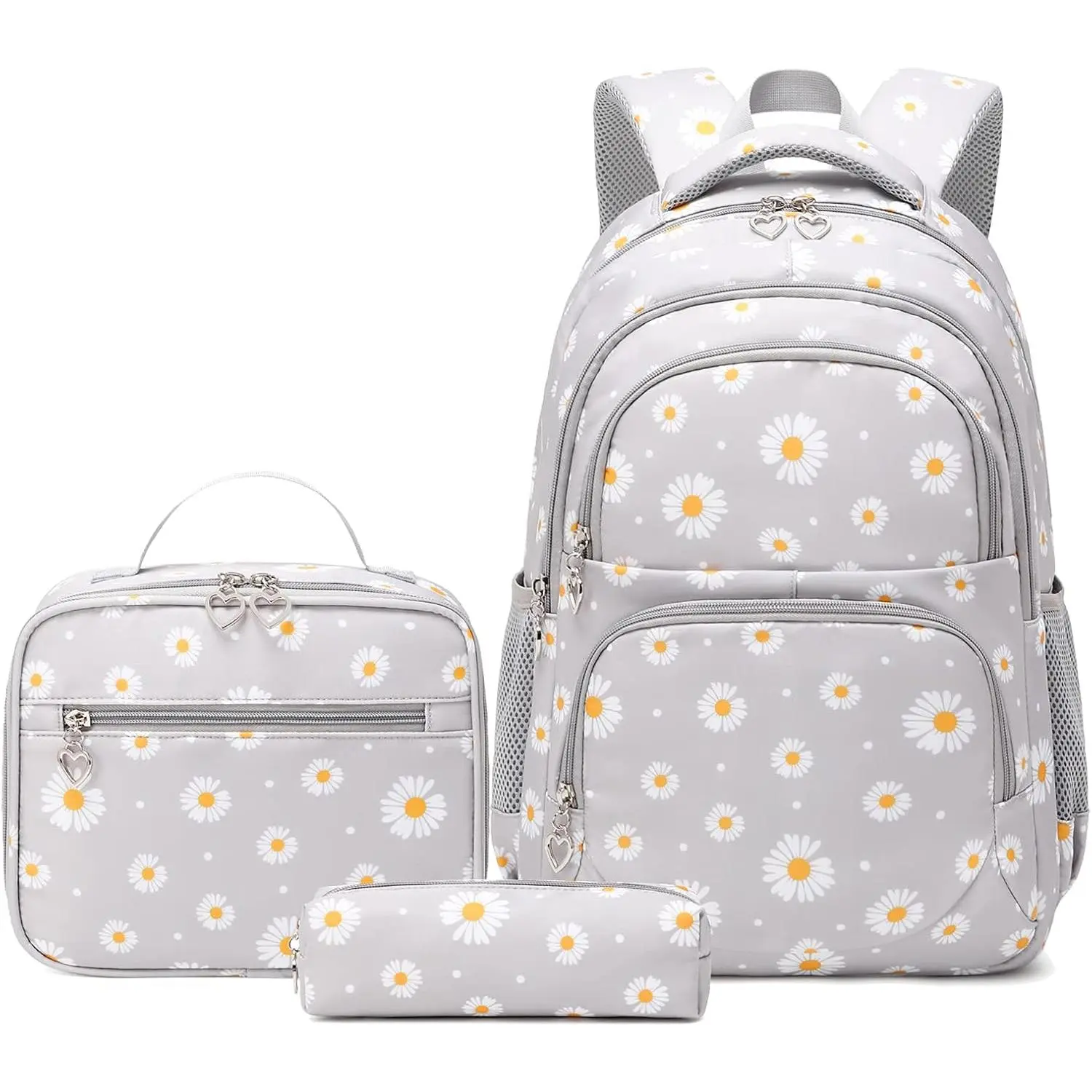 Daisy Printed Backpacks With Lunch Pack Pencil Case 3 count, Lightweight Water Resistant Bookbag For Middle School