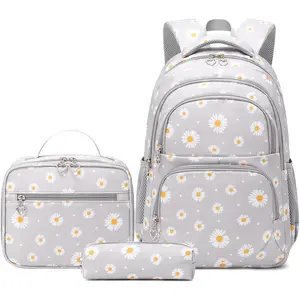 Daisy Printed Backpacks With Lunch Pack Pencil Case 3 count, Lightweight Water Resistant Bookbag For Middle School