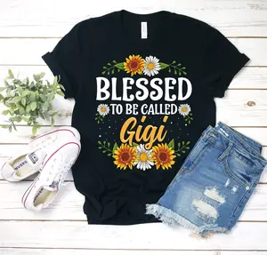 Blessed To Be Called Gigi Shirt - Black Cotton T-Shirt with Floral Graphics, Casual Crewneck, Suitable for Men and Gifts