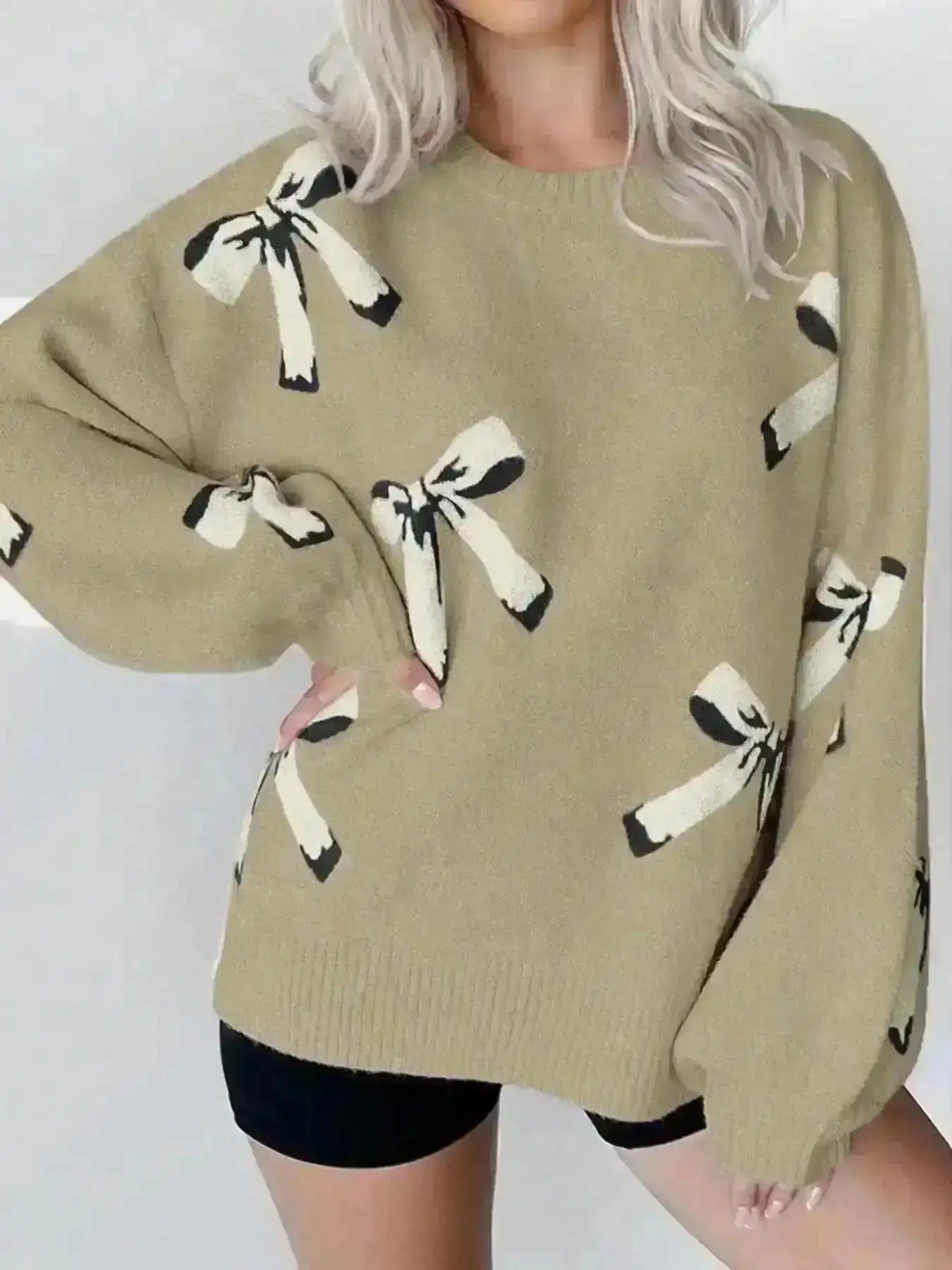 Cropped Knit Sweater, Bow Print Drop Shoulder Sweater, Casual Long Sleeve Round Neck Jumper for Fall & Winter, Fashion Ladies' Knitwear Daily Wear, Grind, Weekend, Minimalist Style, Stylish, Chilly Day