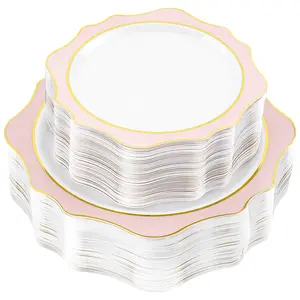 50 PCS White and Pink Disposable Plates for 50 Guests, Scalloped Plastic Plates, Dinner Plates, Dessert Plates for Party, Wedding and Graduation