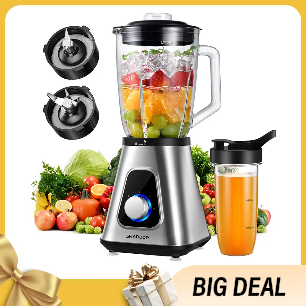 SHARDOR 1200W Blender for Shakes and Smoothies, Countertop Blender and Personal Blender Combo, for Frozen Fruit Drinks, Smoothies, Sauces, 52oz Sliver