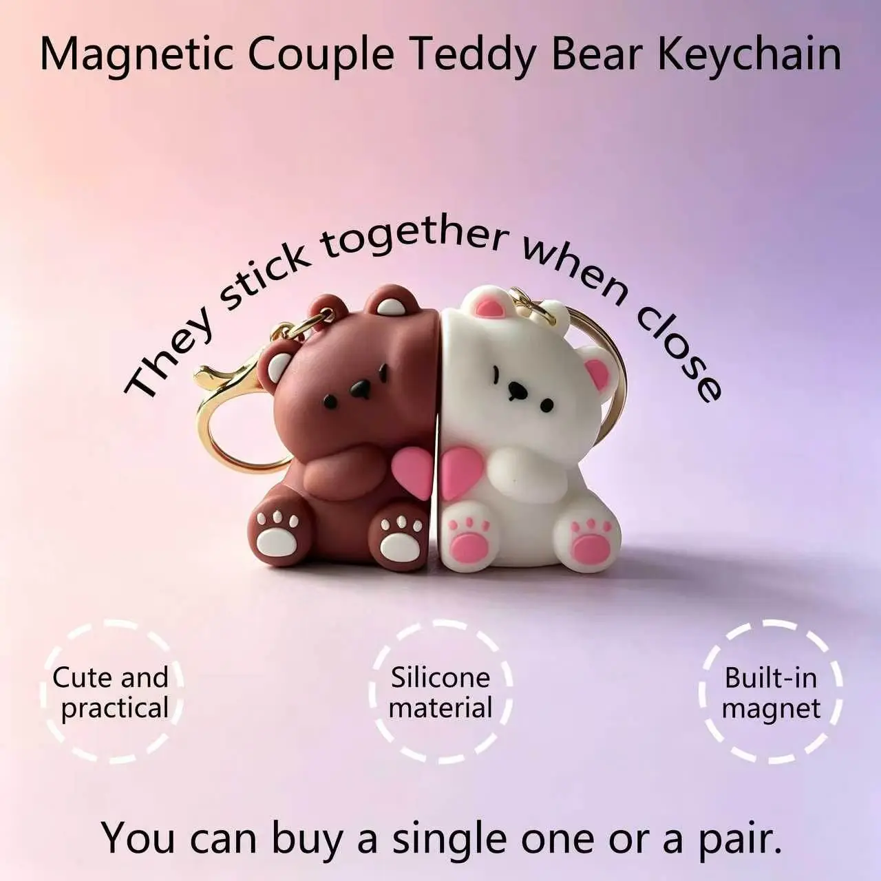 Magnetic Couple Teddy Bear Keychain, Matching Keychains, Cute Silicone Bear Pair, Sticks Together, Perfect Gift for Couples & Best Friends, 1 Piece or 1 Pair