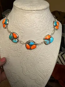 orange Spiny and turquoise cluster choker necklace