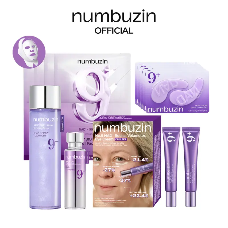 [numbuzin Official] No.9 Ultimate NAD+ Peptides Routine Set | No.9 Toner + Essence + Under Eye Masks + Full-face Mask + Eye Cream (Choose one) | Firming, Wrinkles, Fine Lines, Anti-aging | NAD+, 50 Peptides | Day to Night Skincare Routine
