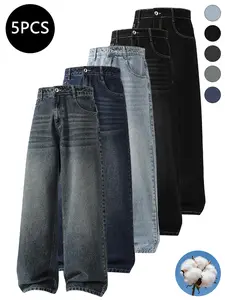 5-pack men’s jeans for autumn/winter, high cotton content, simple versatile straight-leg classic vintage jeans—men’s pants suitable for everyday commuting and casual wear.