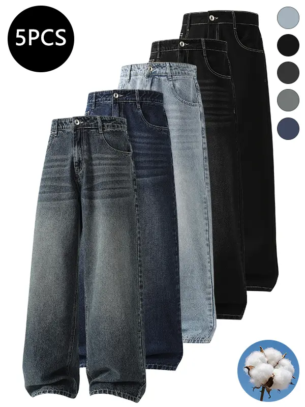 5-pack men’s jeans for autumn/winter, high cotton content, simple versatile straight-leg classic vintage jeans—men’s pants suitable for everyday commuting and casual wear.