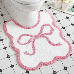 Bow Toilet Rug U-Shaped Luxury Scalloped Bathroom Mat Non Slip Cute Microfiber Soft Plush Bath Rugs Pastel Bathroom Decor Coquette Stuff for Toilet Base, 24 x 20 Inches(Pink)