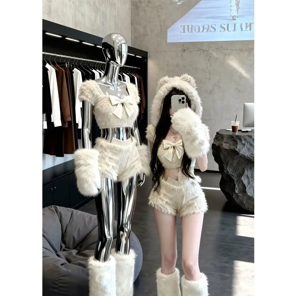 Women's 2-Piece Cute Bear Fuzzy Loungewear Outfit - White Faux Fur, Square Neck Bow Crop Top, High Waist Shorts, Bear Ear Hood, Fluffy Cuff Leg Warmers, Sweet Kawaii Winter Womenswear Clothes