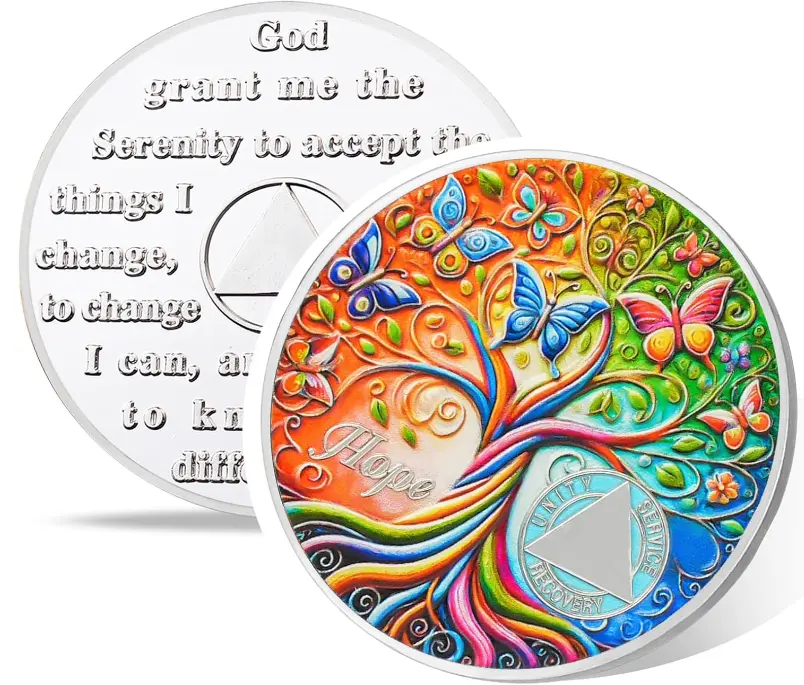 Golden Tree of Life Sobriety Coin - 1-45 Year Milestone AA Chip, 0.8 oz Addiction Recovery Token with Butterflies, Motivational Home Decor Statue for Men Women