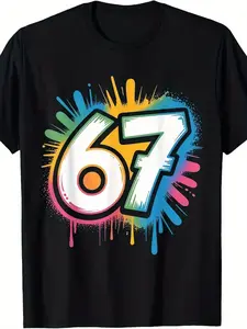 Dennex 67 Meme Six Seven 6 7 Funny Brainrot Rizz Gen Alpha T-Shirt - Oversized Graphic Tee with 67 Number Design, Neon Splash Colors & Meme Culture Style - Casual Loose Fit Short Sleeve Shirt for Teens & Young Children (Sizes 130-160) - Spring/Summe