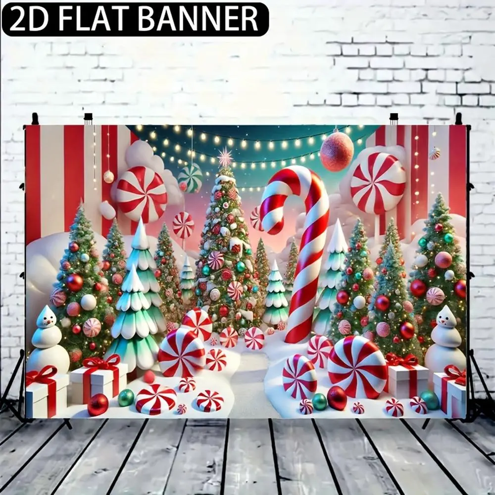 1pc 2D Flat Banner, Holiday Christmas Candy Wonderland Polyester Backdrop Cloth, Feet Party Banner for Indoor and Outdoor Decorations Suitable for Home, Yard, Studio, and Garden Celebrations Ornaments White
