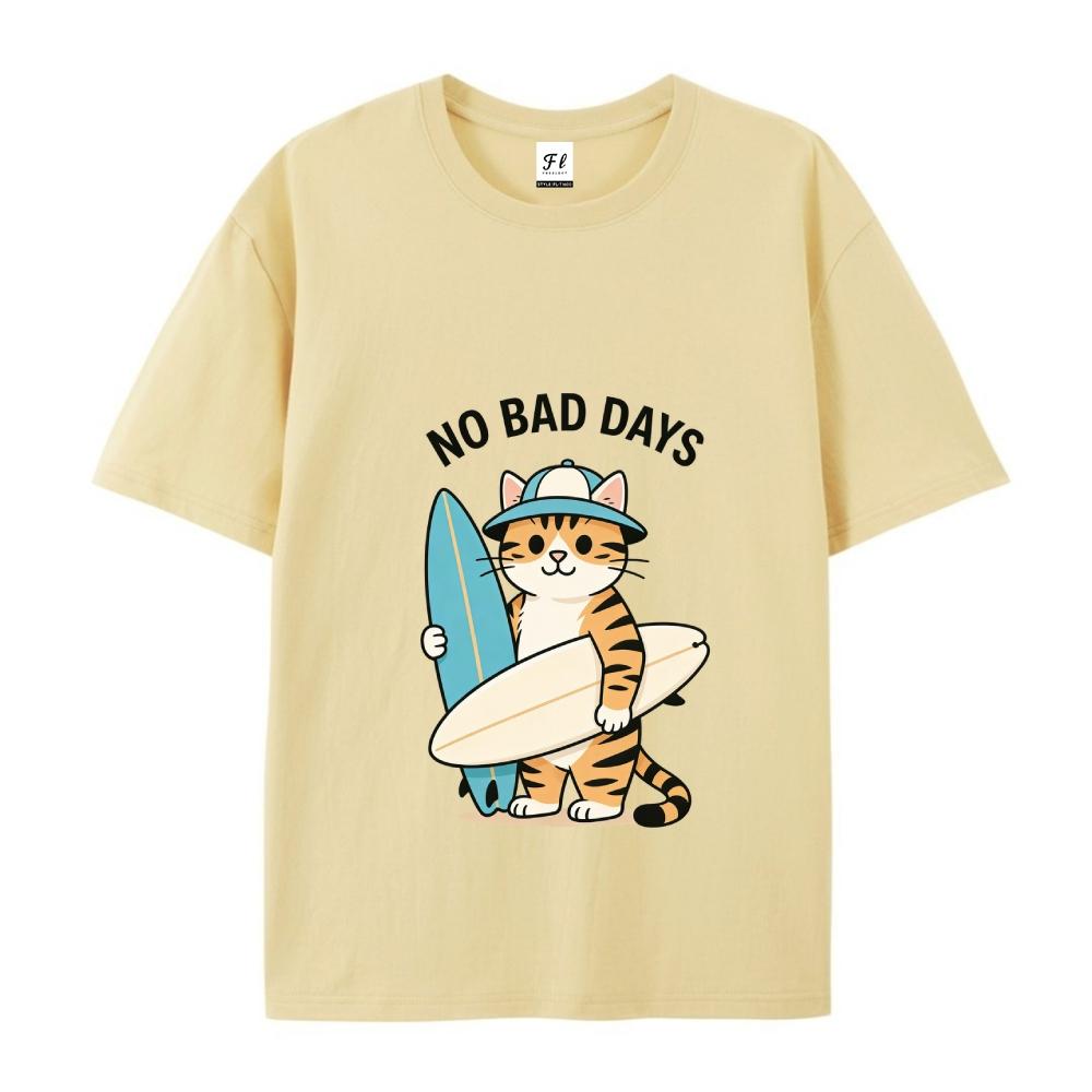 No Bad Days Surfing Cat Graphic Print Tee Oversized Short Sleeve Unisex T-Shirt with Cartoon Pattern and Drop Shoulder Design Crewneck Top Menswear