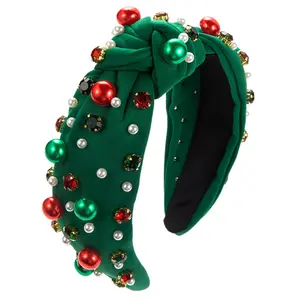 Christmas Headband for Women Pearl Knotted Headband Xmas Red Green Pearl Rhinestone Crystal Jeweled Hairband Fashion Elegant Ladies Wide Top Knot Hair Bands Headpiece Holiday Outfits Gifts