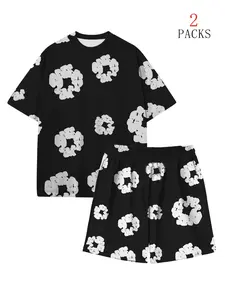 Men’s black Y2K-style cotton floral T-shirt set for couples; casual printed outfit set featuring a comfortable, simple loose short-sleeve top suitable for campus parties and all seasons.